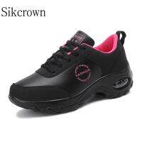 Black Sneakers Sport Woman Platform Thick Sole Leather Soft Air Cushioning Shoes Damping Running Shoes Non Slip Ladies Trainers