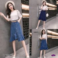 B5194 Set เสื้อปาดไหล่ + กระโปรงยีนส์ Set off the shoulder top + denim skirt