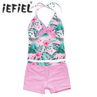 Kids Girls Swim Suits Beachwear Outfits Halter Tie Floral Printed Swimsuit Swimwear Tops with Shorts Bathing Suit Rash Guard