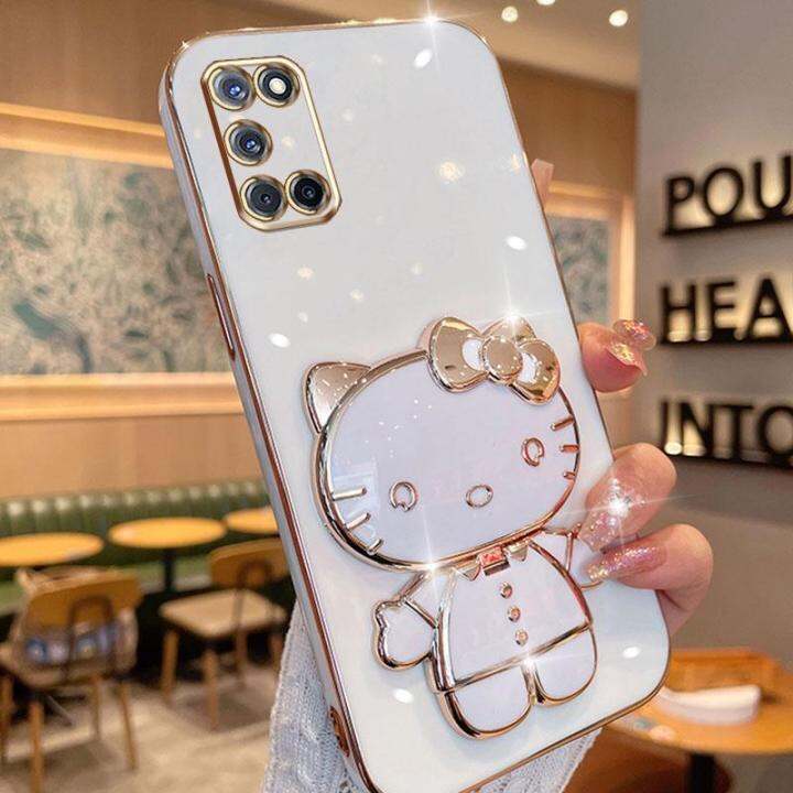 folding-makeup-mirror-phone-case-for-oppo-a52-a92-case-fashion-cartoon-cute-cat-multifunctional-bracket-plating-tpu-soft-cover-casing