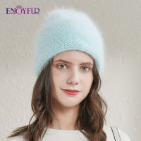 ENJOYFUR womens winter hats angola rabbit fur cuffed beanie hat fashion female warm solid color young style ski bonnets