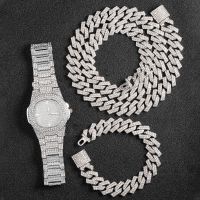 Men Women Hip Hop 16mm Iced Out Crystal Cuban Chain Necklace+Bracelet Set With Variety Of Styles Personality Rhinestone Watch Fashion Chain Necklaces