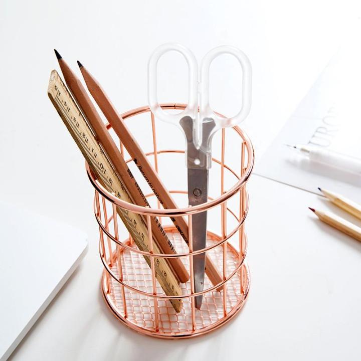 rose-gold-wire-net-pencil-holder-round-iron-mesh-pen-cup-stationery-organizer-de