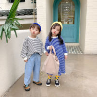 Autumn Brother and sister casual striped long sleeve sweatshirts boys short Top girls long dress