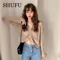 SHUFU 2892 พร้อมสต็อก สไตล์เกาหลี คัตเอาท์ ครอปท็อป เสื้อเบลาส์แขนยาว เสื้อถักสำหรับผู้หญิง ขนาดบวก เชือกรูด ดึงมากกว่า สเวตเตอร์ หลวม