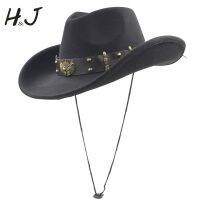 【Explosion umbrella】 ผู้หญิงผู้ชายขนสัตว์ Hollow Western คาวบอยหมวกสำหรับสุภาพบุรุษ Roll Up Brim Sombrero หมวกพ่อหมวก Punk เข็มขัดขนาด57-59ซม.