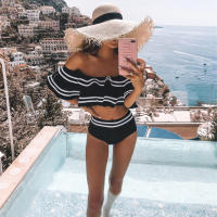 y Off Shoulder Bikini Women Solid Swimwear Push Up Swimsuit Ruffle Biquini High Waist Bikinis Flounce Bathing Suit Pad Stripe