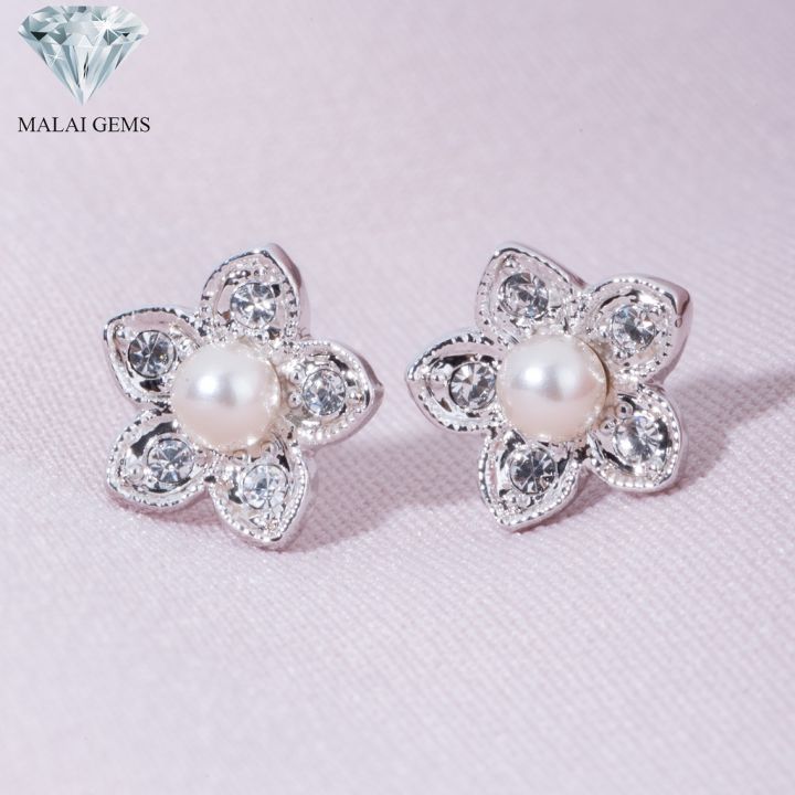 malai-gems-ต่างหูมุก-เงินแท้-silver-925-เพชรสวิส-cz-เคลือบทองคำขาว-รุ่น-11000401-แถมกล่อง-ต่างหูเพชร-ต่างหูเงินแท้