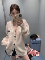 [Correct Logo High Quality] Beige 2023 miu miuˉAutumn and Winter New Embroidered Logo v Collar Thickened Loose Knitted Cardigan Sweater Coat for Women