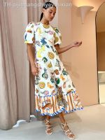 【hot】✈  Print Graffiti Short Puff Sleeve O-neck Waist Colorful Dresses Female Fruit A-line Vestidos