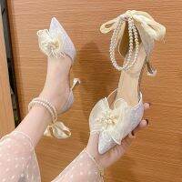 White Beaded Bow Shoes For Women Sandals 5Cm New Summer Fairy Wind Pointed Pink High-Heeled Tie Chunky Heel Wedding Shoes