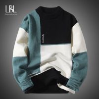 【YD】 Warm Mens Sweaters 2023 Fashion Round Neck Patchwork Pullovers New Korean Streetwear Sweater Men Clothing