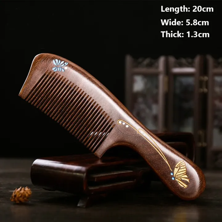 1pcs-massage-combs-natural-gold-sandalwood-dense-tooth-butterfly-painted-wood-comb-head-massager-pocket-hair-comb-gift-for-women