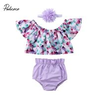 2019 Children Summer Clothing Newborn Infant Baby Girl Floral Off Shoulder T-shirt Top+PP Short Pant+Headband 3Pcs Sets Outfit  by Hs2023