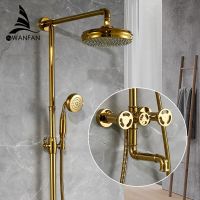 Shower Faucets Matte Gold Bathtub Faucet Round Tube Single Handle Top Rain Shower With Slide Bar Wall Water Mixer Tap 20F06K Showerheads