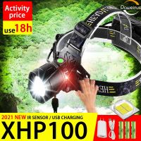 ไฟฉายคาดศีรษะ LED เซ็นเซอร์อินฟาเรด LED XHP100ใหม่ไฟหน้าแบบชาร์จด้วยยูเอสบีตะเกียงตั้งแคมป์หลอดไฟหน้า XHP90ไฟหน้าตกปลา