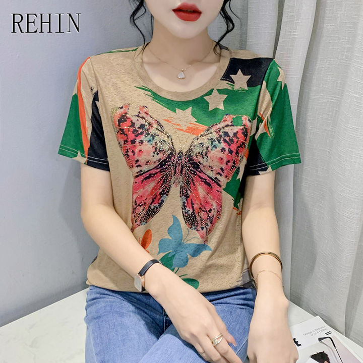 rehin-เสื้อแฟชั่นพิมพ์ลายสำหรับผู้หญิง-เสื้อยืดคอกลมแขนสั้นเสื้อสตรีอินเทรนด์