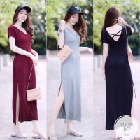 ML186 Maxi Dress เดรสยาวคอวีสายไขว้หลัง ชายกระโปรงผ่าข้าง เนื้อผ้าเรยอนผ้ายืด ใส่แบบชิลล์ๆ สบายๆ พร้อมส่งจร้าา