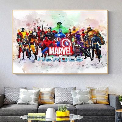 ◐ Marvel Heroes ผ้าใบโปสเตอร์สีน้ำฮีโร่ภาพวาดผ้าใบพิมพ์ Avengers Wall Art ภาพโปสเตอร์เด็กตกแต่งห้อง