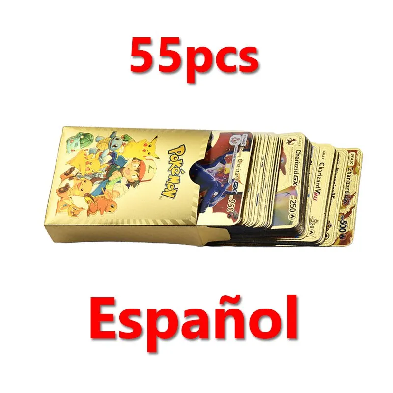 54 Pieces Of Pokemon Gold Cards Box Golden Letter Spanish Playing