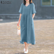 ZANZEA Womens Casual Short Sleeve Sundress Vintage Loose V