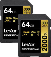 Lexar Professional 2000x 64GB SDXC UHS-II Memory Card, 300MB/s Read, 260MB/s Write, 4K Video, Durable (2-Pack)