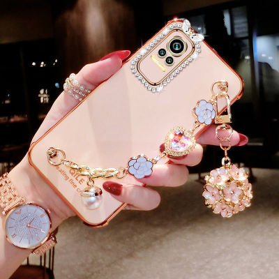 Bling Plating 3D Camellia Heart Flower Chain Bracelet Phone Case For Xiaomi Civi Case Luxury Shiny Back Cover for Xiaomi Civi