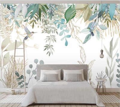 【CW】 Custom wallpaper hand-painted fresh tropical plants leaves flowers and birds murals living room background wall