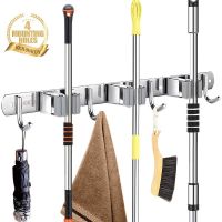 Broom Mop Holder Wall Mount Installation Broom Mop Hanger Organizer Stainless Steel 3 Racks 4 Hooks Space Saving Hanger Picture Hangers Hooks