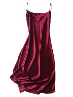 【 WYIN kitchen】 Spring and summer draped collar women 39;s sexy sleepwear pure red ice silk suspenders mid-length loose large-size nightdress