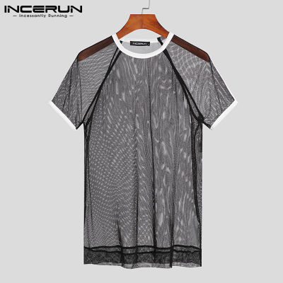 INCERUN เสื้อเบลาส์แขนสั้นคอกลม,เสื้อผ้าลำลองสำหรับผู้ชายทรงพอดีตัว