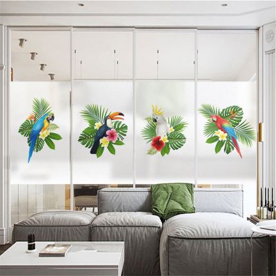 Privacy Windows Film Decorative Parrot Macaw Stained Glass Window Stickers No Glue Static Cling Frosted Window Cling Window Tint