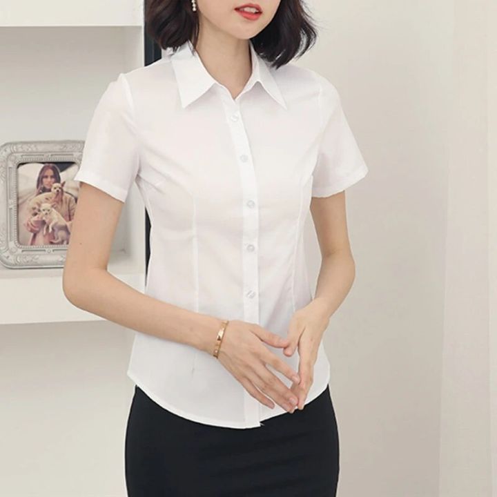 เสื้อเชิ้ตทำงานแขนสั้นแข็งคอวี2023สำหรับผู้หญิงแฟชั่นเสื้อสวยและราคาถูกเสื้อผู้หญิง-ol-สีขาว