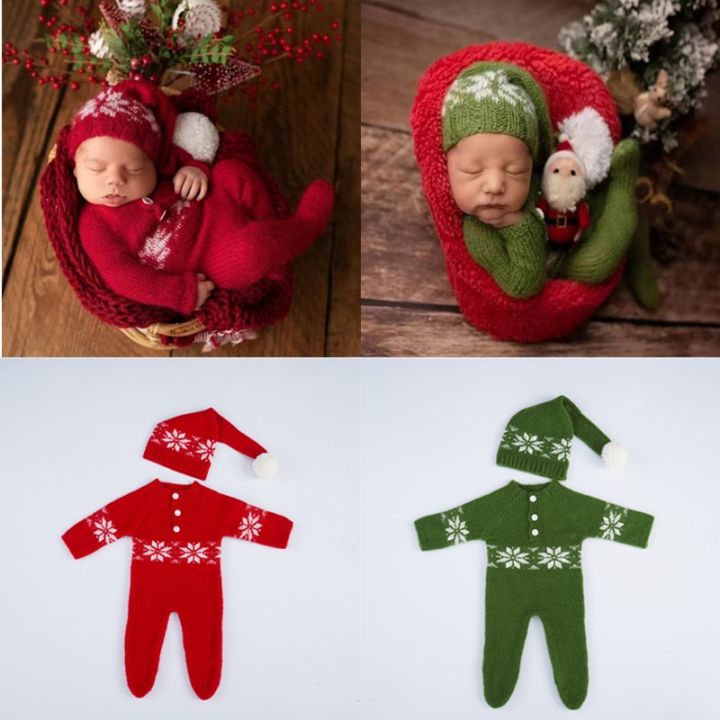 หมวกชุดคริสต์มาสถ่ายรูปเด็กแรกเกิด-ชุดจั๊มสูท2ชิ้น-เซ็ตอุปกรณ์ประกอบฉากภาพเด็กทารกชุดชุดผ้าถักถักโครเชต์