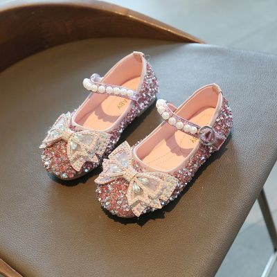 Spring Kids Leather Shoes Fashion Rhinestone Bowtie Girls Princess Shoes 2021 Bling Flat Baby Girl Shoes SMG155