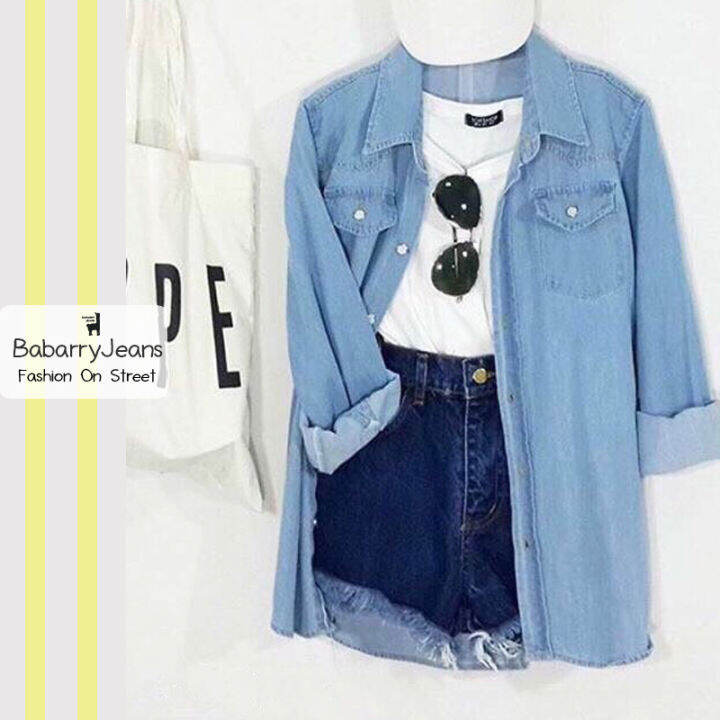 พร้อมส่ง-babarryjeans-เชิ้ตยีนส์-y2k-ผ้ายีนส์ไม่ยืด-เนื้อผ้าไม่หนา-สียีนส์เข้ม-ยีนส์อ่อน