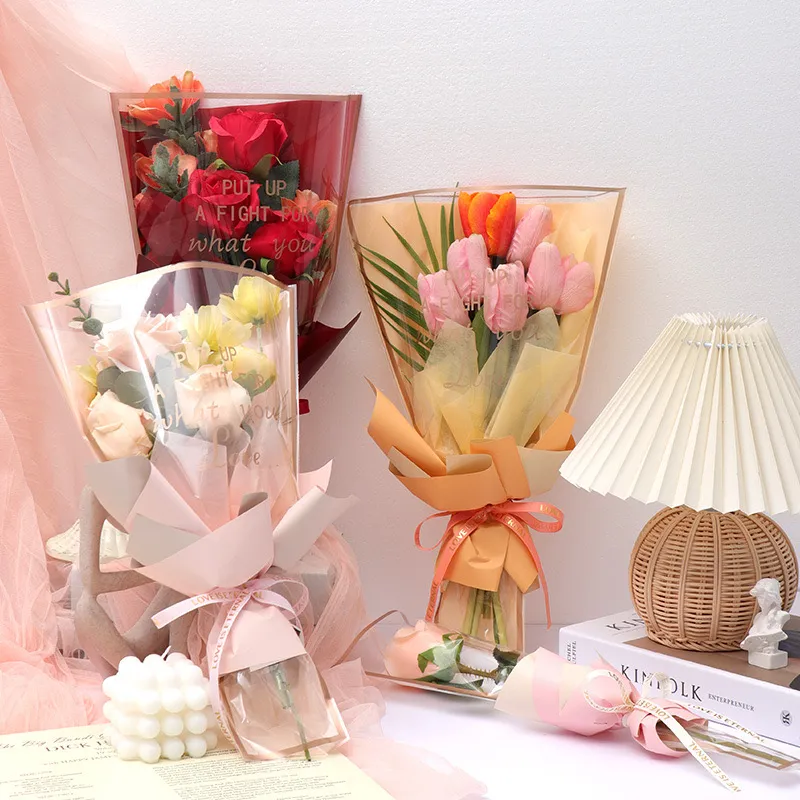 100pcs/set Plastic Flower Bouquet Bag, Minimalist Clear Flower Packaging Bag  For Gift