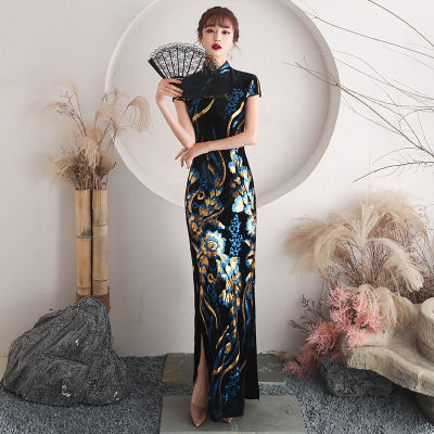 2022 chinese dress velour sequin flower cheongsam women slim velvet qipao elegant evening party dress short sleeve vestido dress