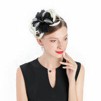 Hot Women Elegant Hat Black Feather Flower Fascinator tail Cap Lady Wedding Church Prom Pillbox Fedora Beige Linen Headgear