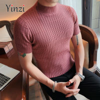 2023 Spring Autumn New Short Sleeve Sweaters Men Slim Fit Short Sleeve Knitted T-shirt Half Turtleneck Casual Solid Pullovers