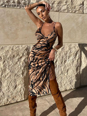 Spaghetti Strap Leopard Printed Slit y Dress for Women Elegant Backless Drawstring Party Club Bodycon Midi Dresses 2022Summer
