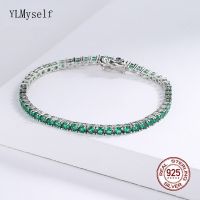 Real 925 Silver Metal Tennis Bracelet Pave 3MM Green Zircon 15-21 CM Hip Hop Rock Chain Fine Jewelry For Women/Men