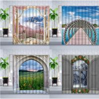 European Style Scenery Shower Curtain Set Cherry Blossom Grassland Natural landscape 3D Design Bathroom Curtains Polyester Hooks