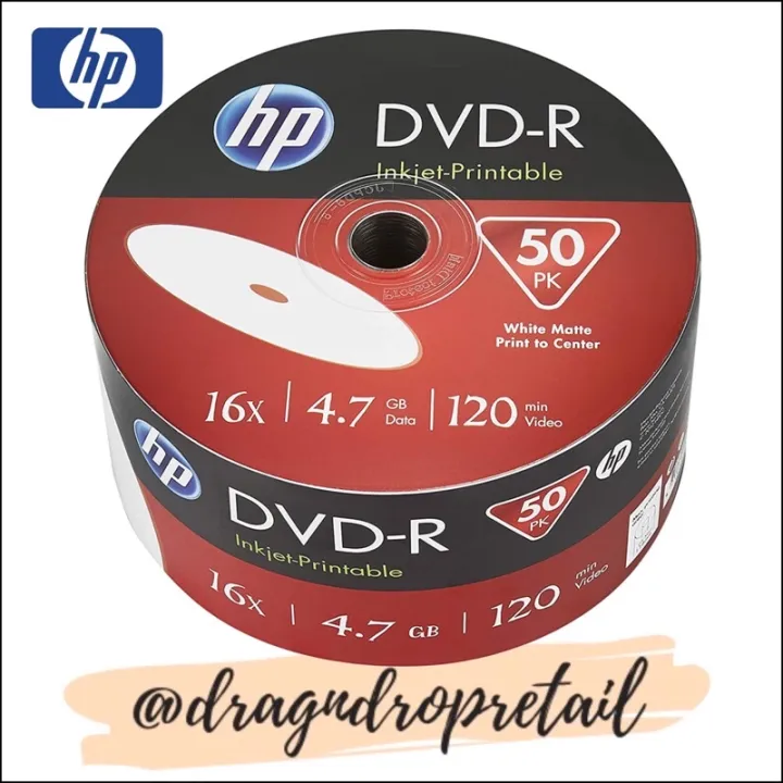 HP DVD-R DVDR DVD R 16x 4.7GB Inkjet Printable Recordable Blank Disc ...