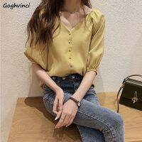 ▫ Shirts Women Summer Chiffon M-4XL V-neck Single-breasted Elegant Lantern Sleeve Leisure Korean Style Loose All-match Newest ins