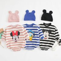 【 Cw】new Born Stripe Fart Wrapping Romper Printed Cartoon Cute Long Sleeve Bodysuits Toddler Girls Cotton Two Piece Onesie Hat