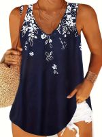 xixibeauty Plus Size Casual Top, Womens Plus Floral Print V Neck Slight Stretch Tank Top