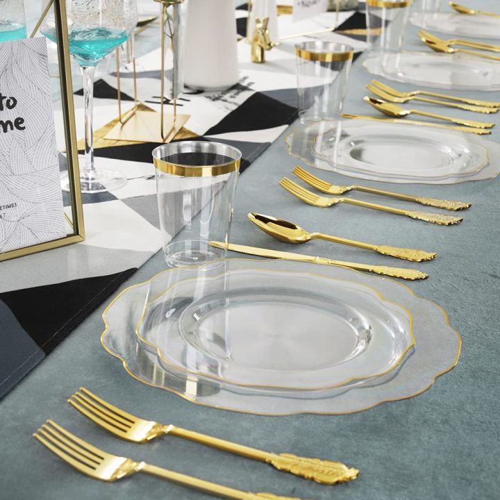 cw-60pcs-disposable-tableware-transparent-gold-rim-plastic-plate-cup-silverware-birthday-wedding-supplies