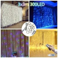 โคมไฟม่านพวงมาลัยไฟประดับคริสต์มาส LED 3M X 3ม.,โคมไฟคริสต์มาส Xmas USB รีโมทคอนโทรลหลอดไฟประดับแบบสายสำหรับตกแต่งบ้านห้องนอนหน้าต่าง