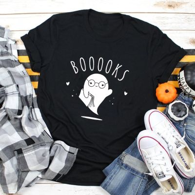 Booooks Ghost 100 Cotton Tshirt Funny Halloween Gift Tshirt For Teacher Cute Graphic Book Reading Tee 100% Cotton Gildan